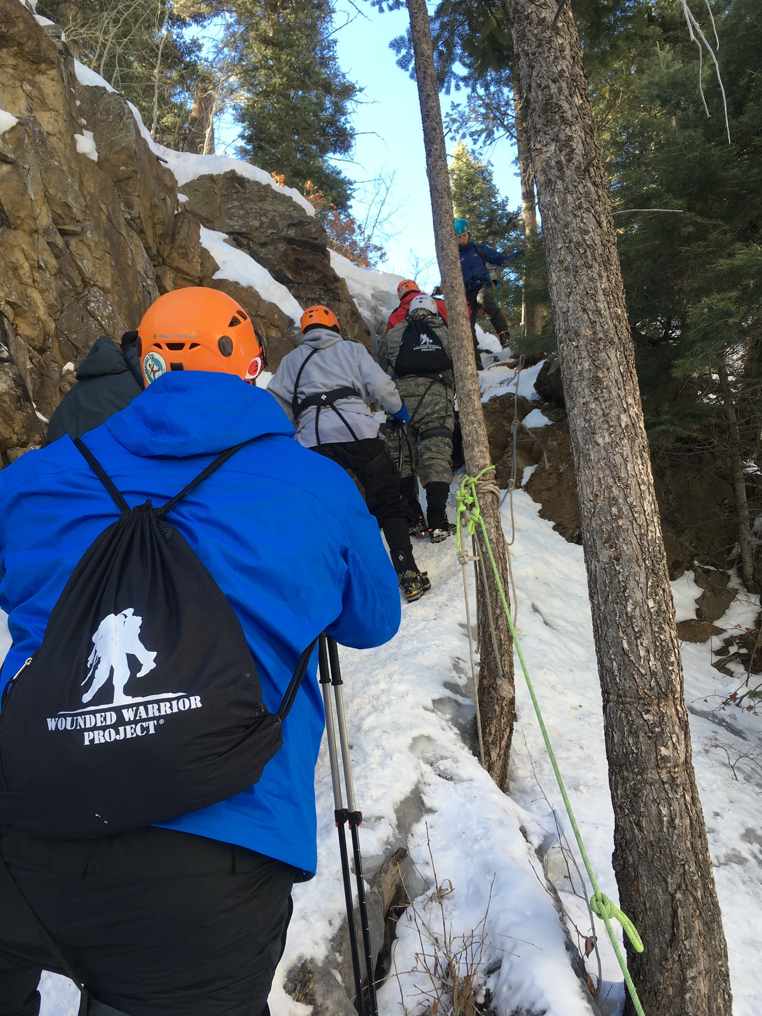 People hiking in the winter in the forest