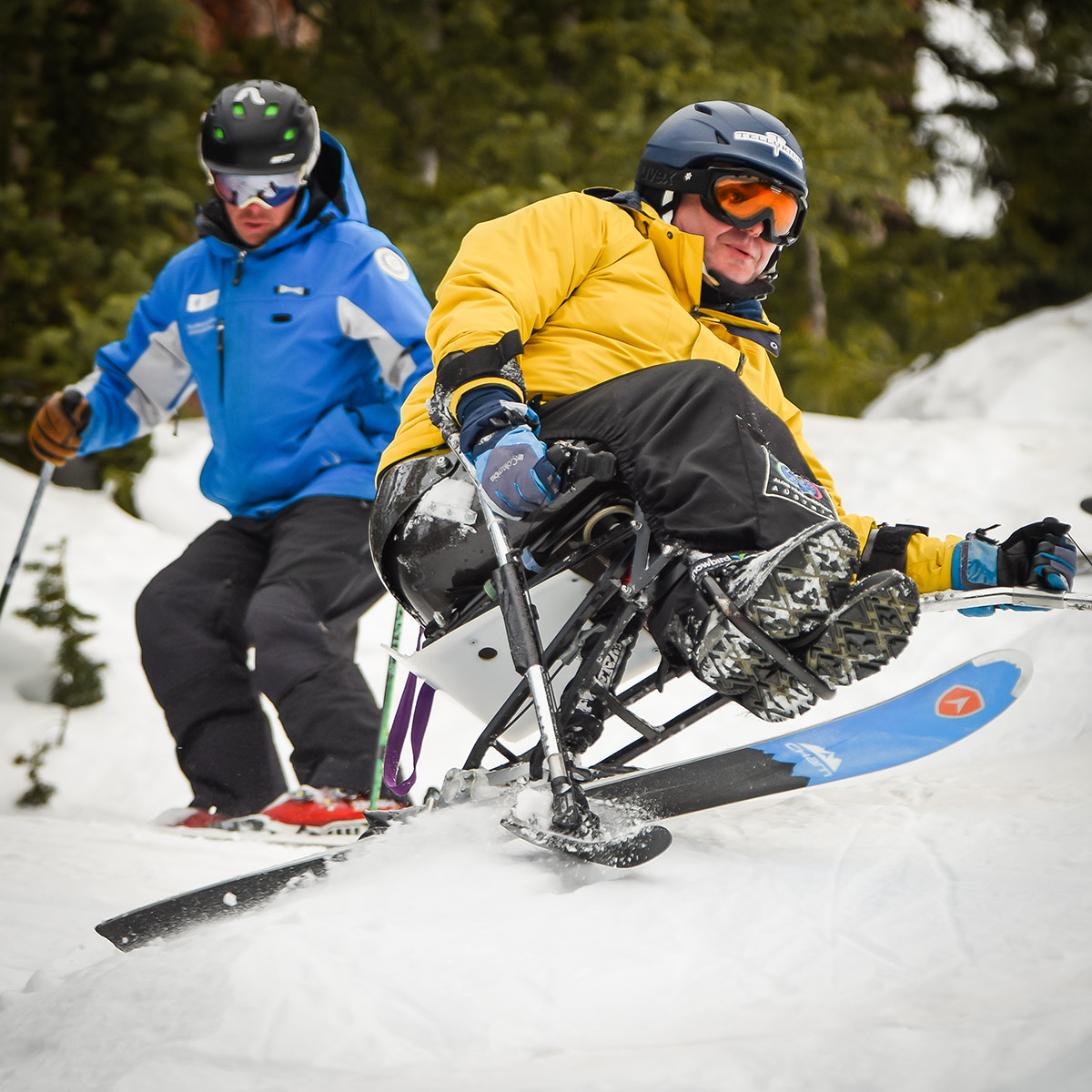 A person in a yellow jacket using adaptive skiing equipment skillfully maneuvers down the snowy slope, working with precision. Another in a blue jacket follows closely, both wearing helmets and goggles, framed by snow-covered trees in the background.