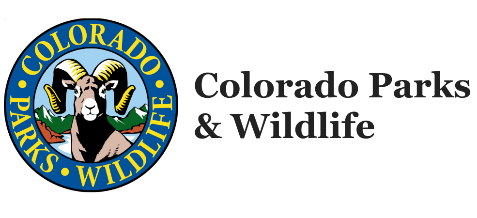 Logo for Colorado Parks & Wildlife. The logo features a circular emblem with a bighorn sheep in the center, flanked by a pine tree on the left and a body of water on the right. Text on the right reads "Colorado Parks & Wildlife," representing our work in preserving natural beauty and wildlife.