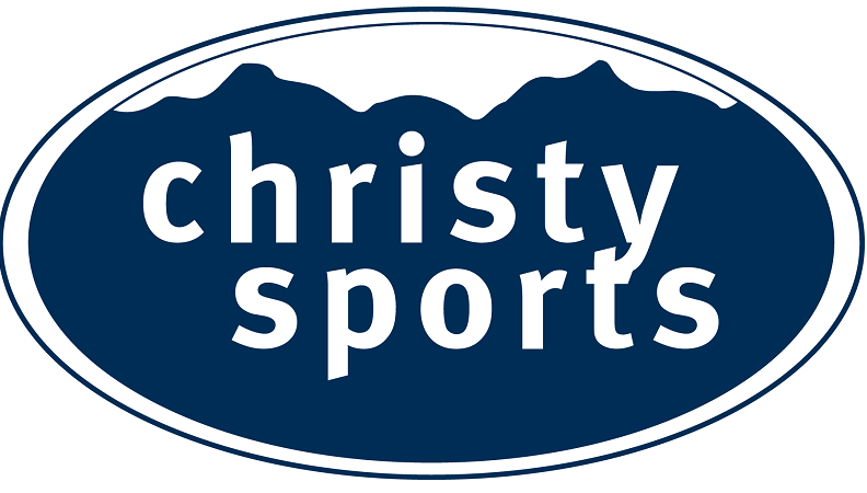 A blue oval logo with white mountain silhouettes at the top and the text "christy sports" in lowercase white letters in the center, showcasing our work.