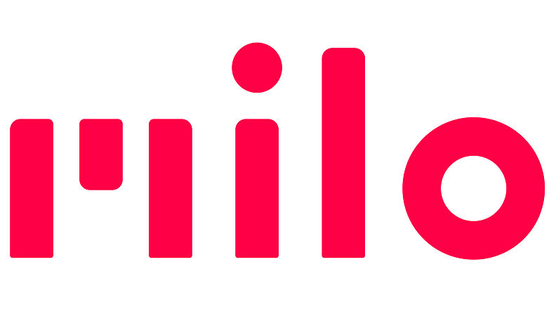 The image shows a logo featuring the word "milo" in lowercase, modern, sans-serif font. Composed of three rectangles and three circles, all in solid red, the design is minimalist and geometric. Perfect for creative work portfolios, the "o" is uniquely represented by a hollow red circle.