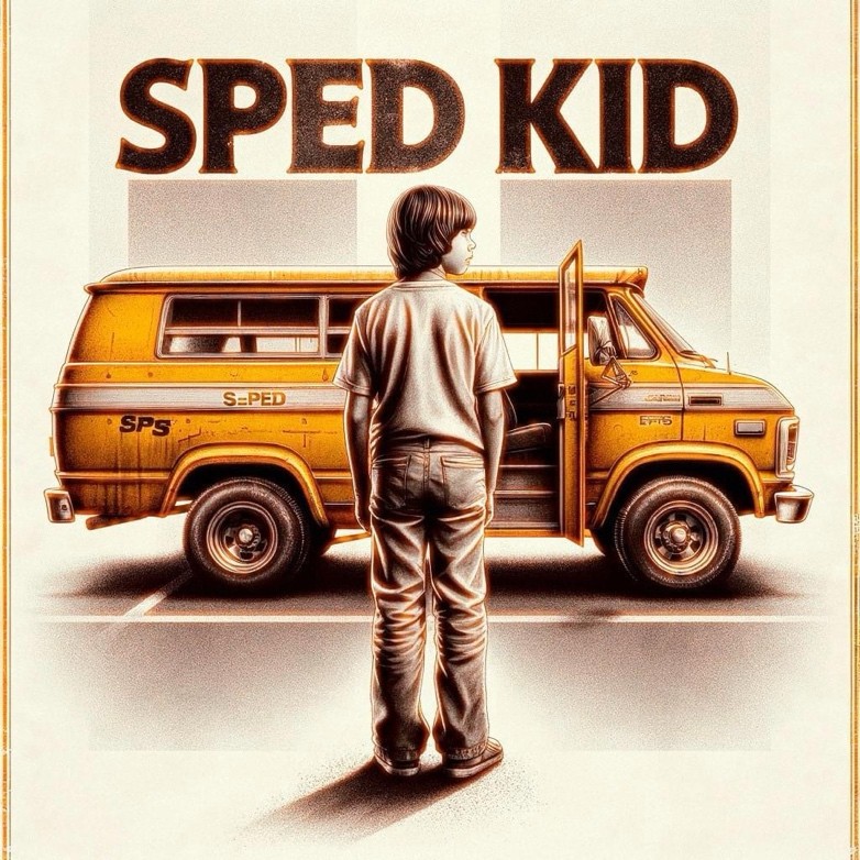 A child in a white shirt stands facing a yellow school van with a sliding door open, labeled "SPS" and "S-PED." The vintage, poster-like is promotional material for upcoming SPED KID Movie Screening fundraiser.