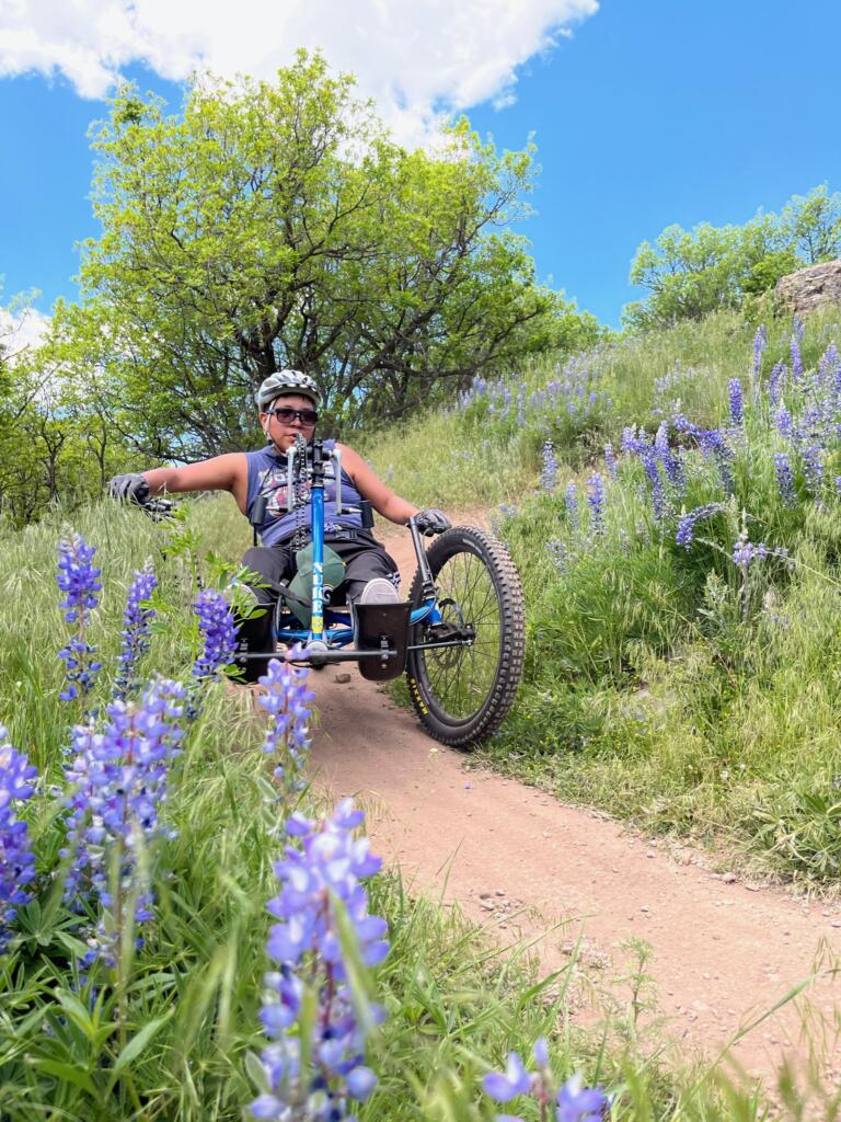 An adaptive rider on a three-wheeled mountain bike, bikes along a sandy trail in the San Juans, going around a turn through tall grass and blooming purple wildflowers beneath a partly cloudy sky.